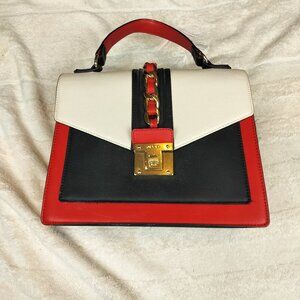 ALDO Colorblock Top Handle Satchel | Red White Black Gold Chain Detail